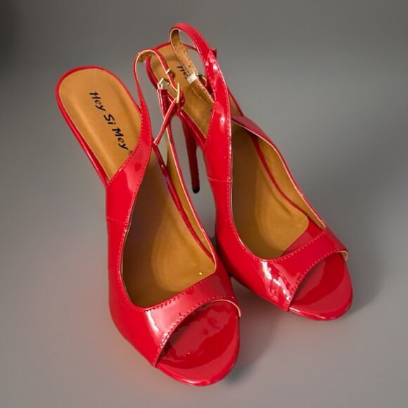 Hey Se Mey Red Patent Leather Stiletto 6 Inch Sling Back Heel Pump Shoes - Picture 2 of 6